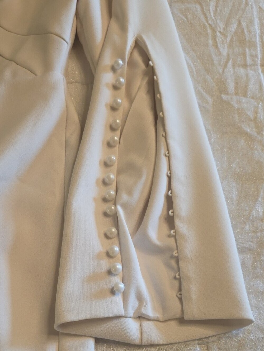 Fehaute Refined White Long-Sleeve Sheath Dress with Floral Shoulder Accent 8 - Picture 13 of 13